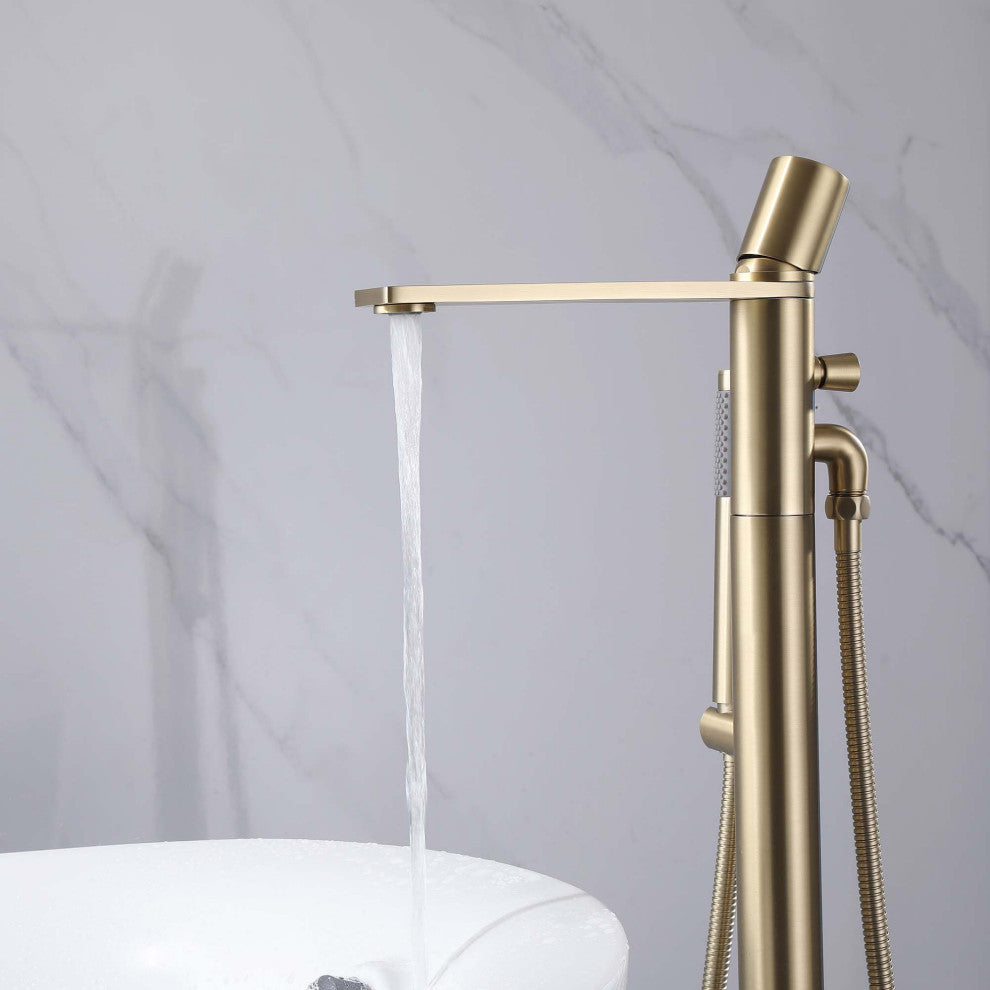Floor Mounted Tub Spout With Handshower, Brushed Gold