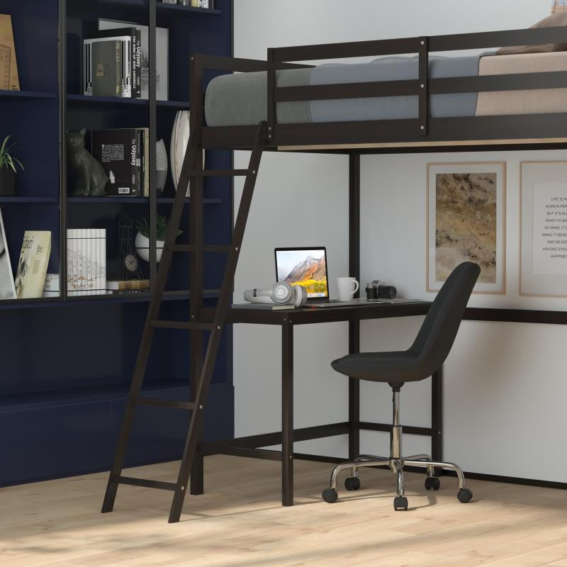Riley Loft Bed Frame with Desk, Frame, Guard Rails & Ladder for Kids and Teens, Espresso, Twin