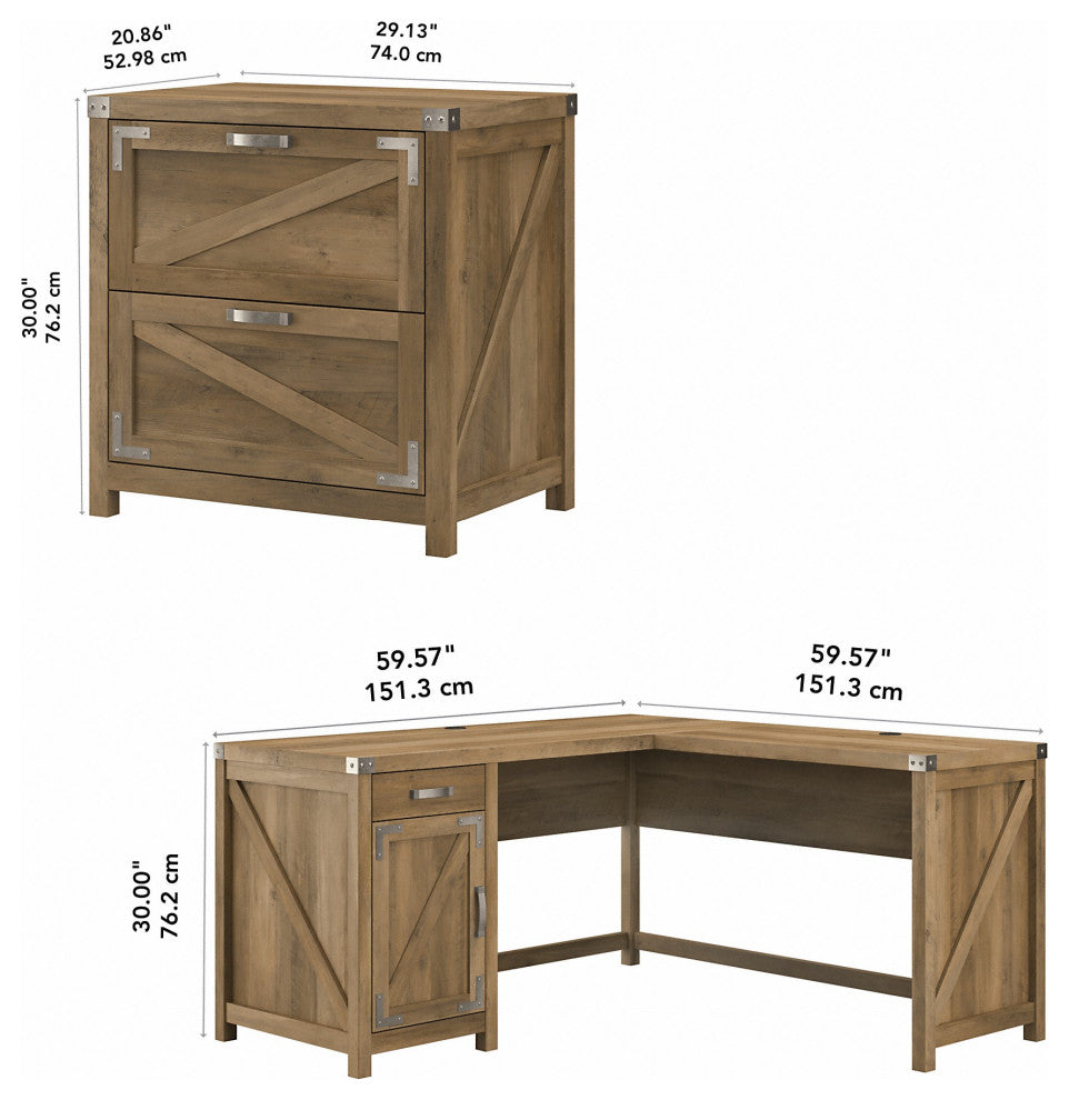 kathy ireland Cottage Grove 60" L Shaped Desk, 2 Drawer Cabinet, Reclaimed Pine