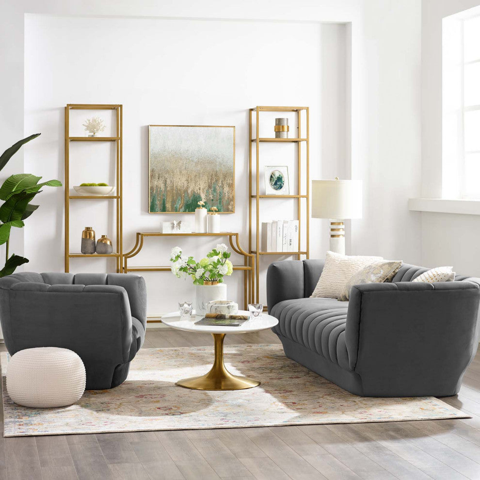 Tufted Armchair and Sofa Set, Velvet, Gray, Modern, Lounge Hospitality