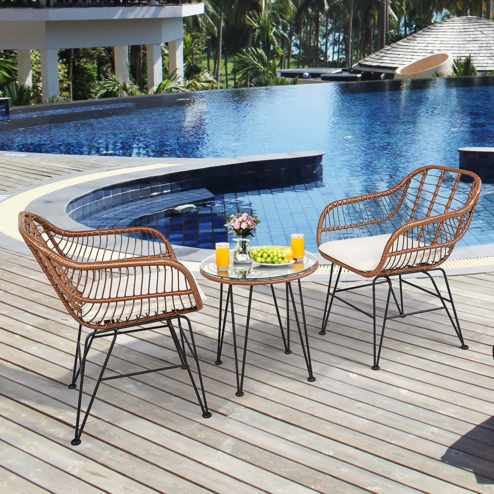 Costway 3PCS Patio Rattan Bistro Set Coffee Table Armchair Garden Beige Cushion