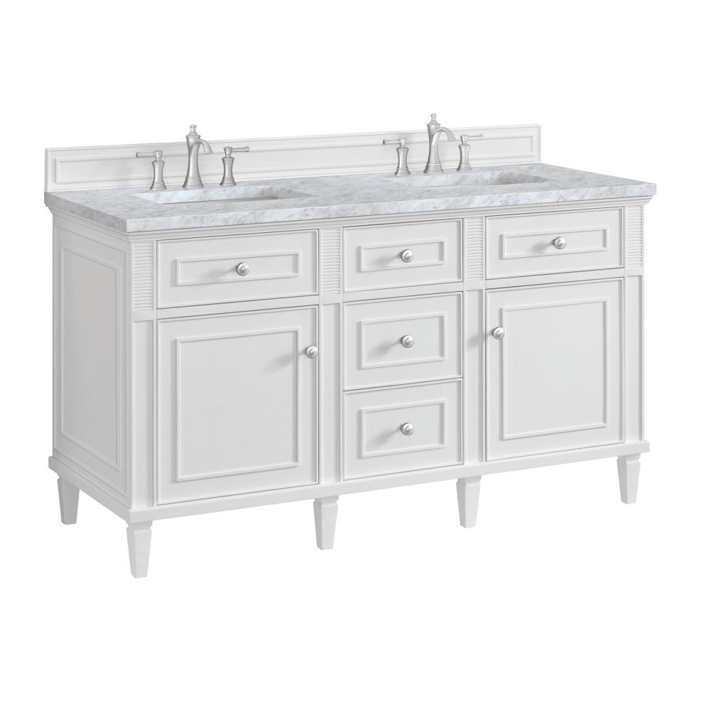 Lorelai 60" Double Vanity, Bright White, 3 CM Carrara White Marble Top