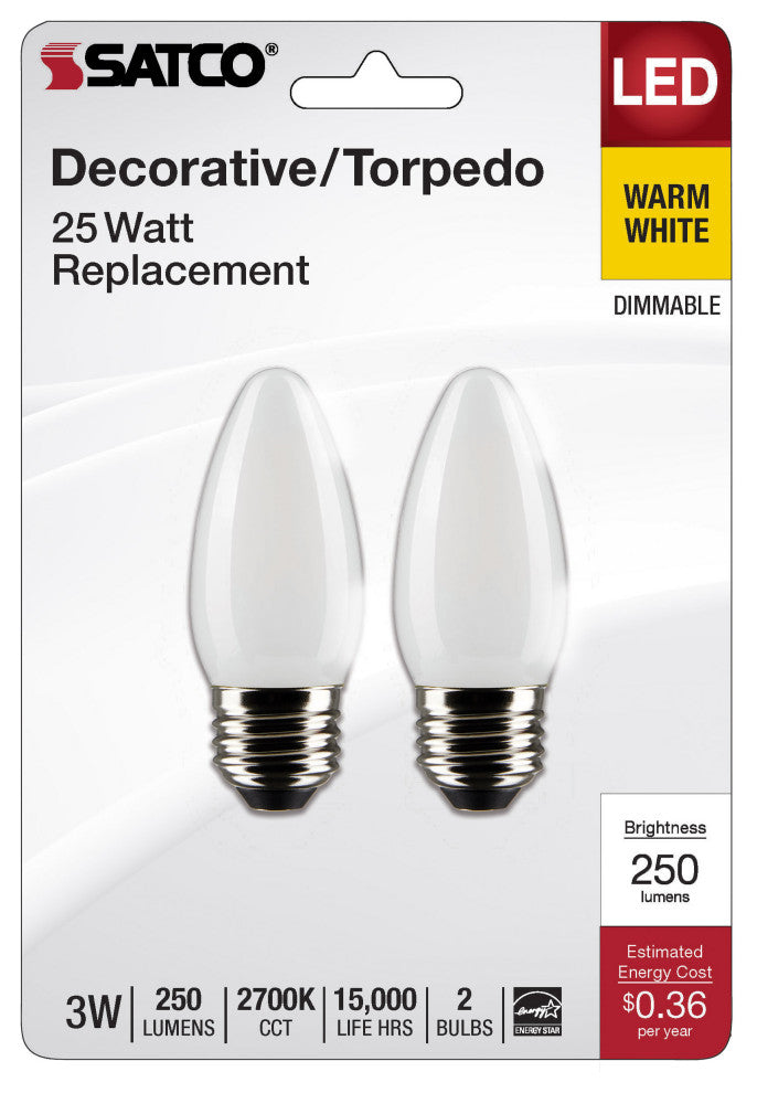 3W B11 LED, Frosted, Medium Base, 2700K, 250 Lumens, 120V, 2-Pack