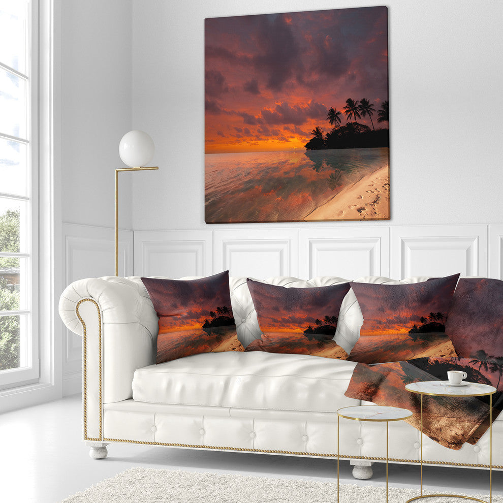 Beautiful Sunset At Tropical Beach Seashore Throw Pillow, 18"x18"