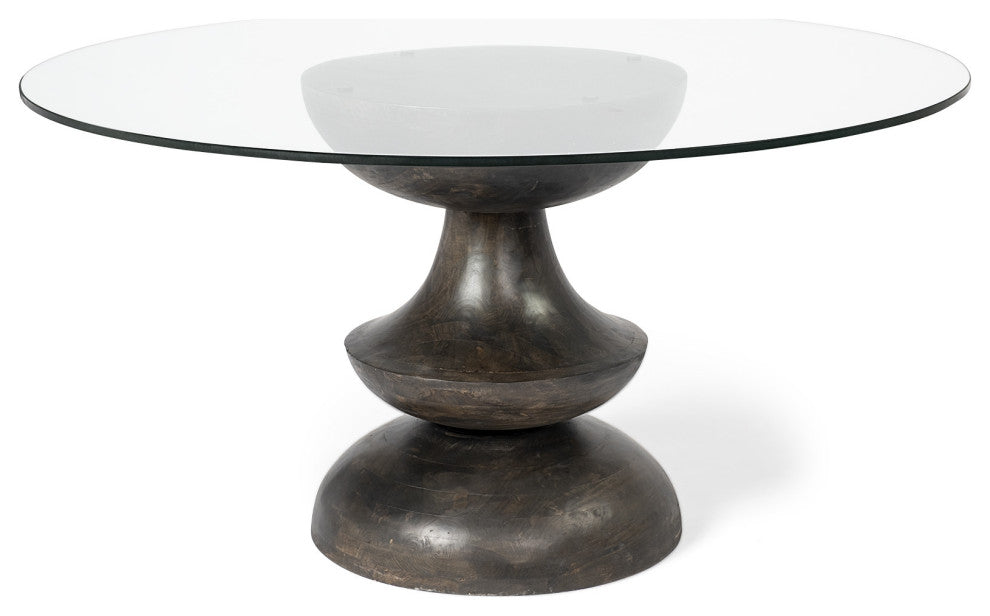 60" Clear Brown Rounded Glass Solid Manufactured Wood Pedestal Base Dining Table