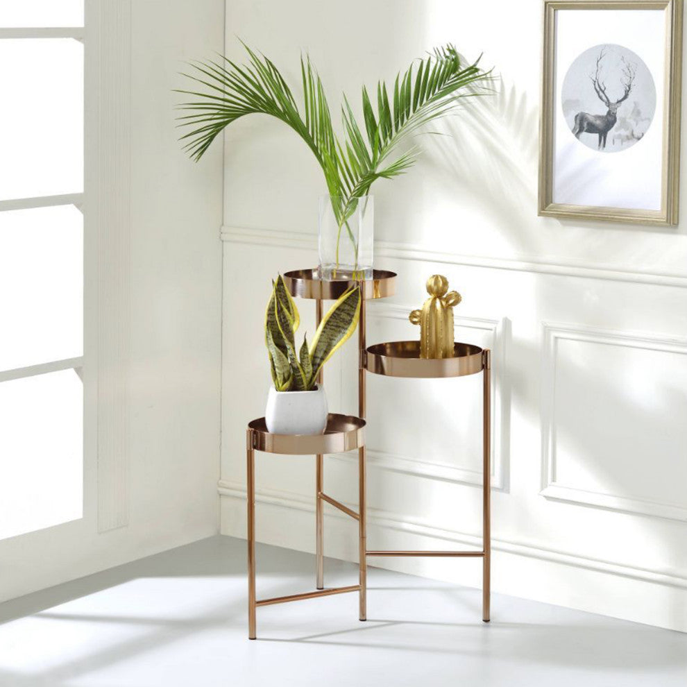 Metal Plant Stand With 3 Open Compartments, Gold