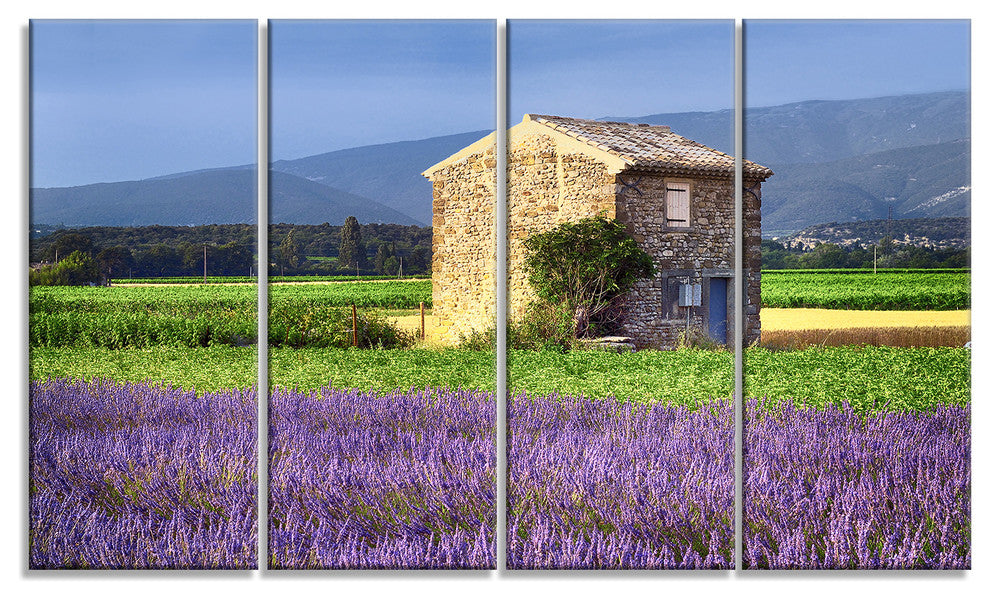 House in the Lavender Field, Landscape Canvas Wall Art, 48"x28", 4 Panels