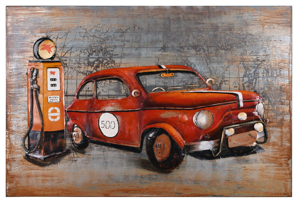 "Red Car" Mixed Media Iron Hand Painted Dimensional Wall Art