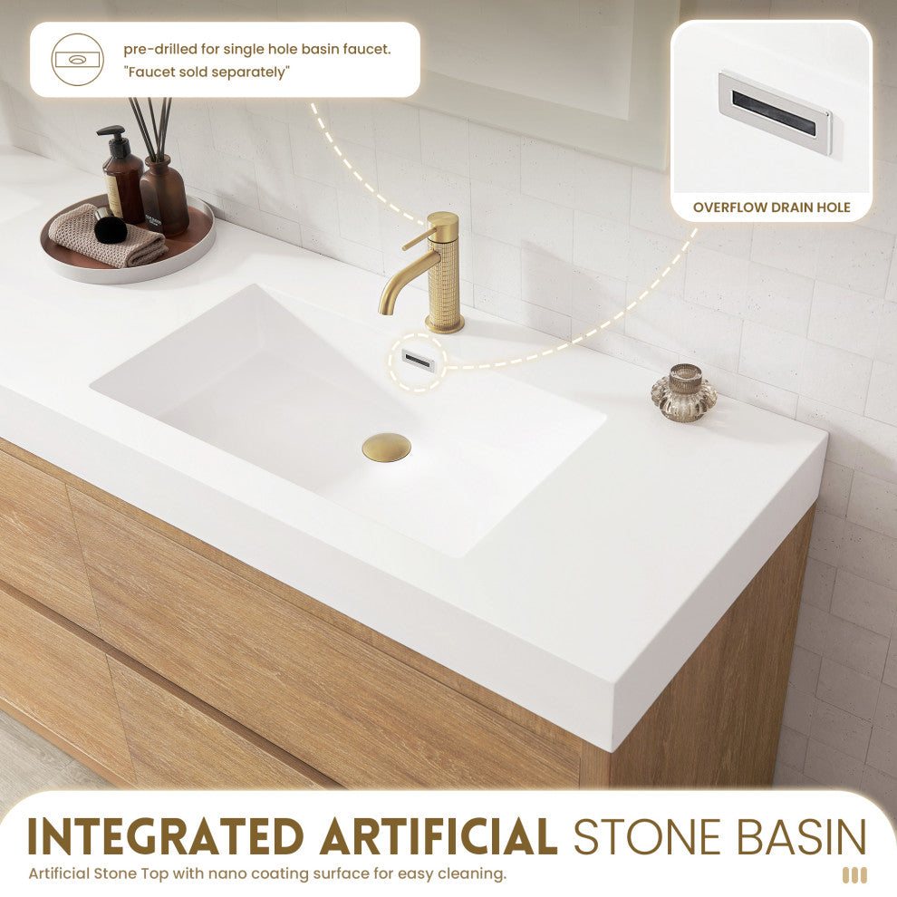 Huesca Bath Vanity, Integrated Sink Top, North American Oak, 84", Without Mirror