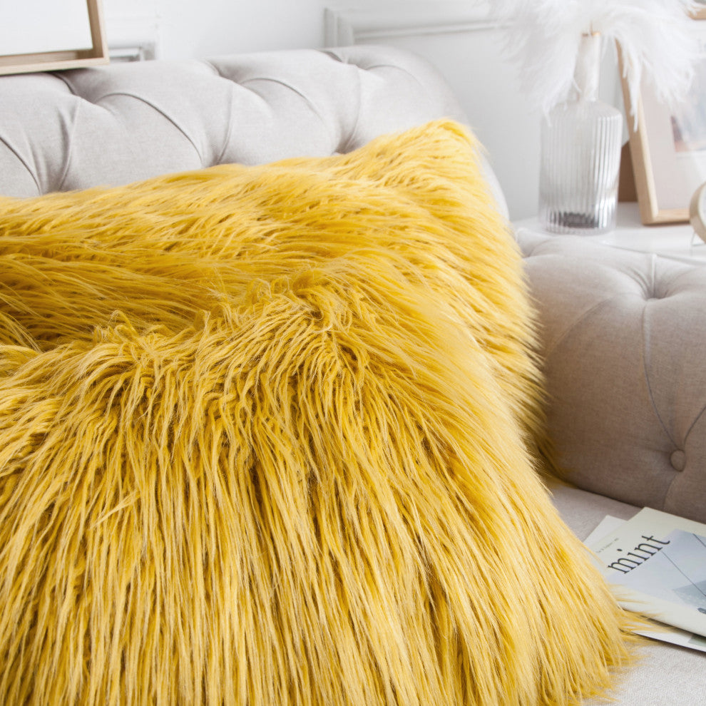 Mongolian Faux Fur Pillow Shell Set, Lemon Curry, 14"x26"