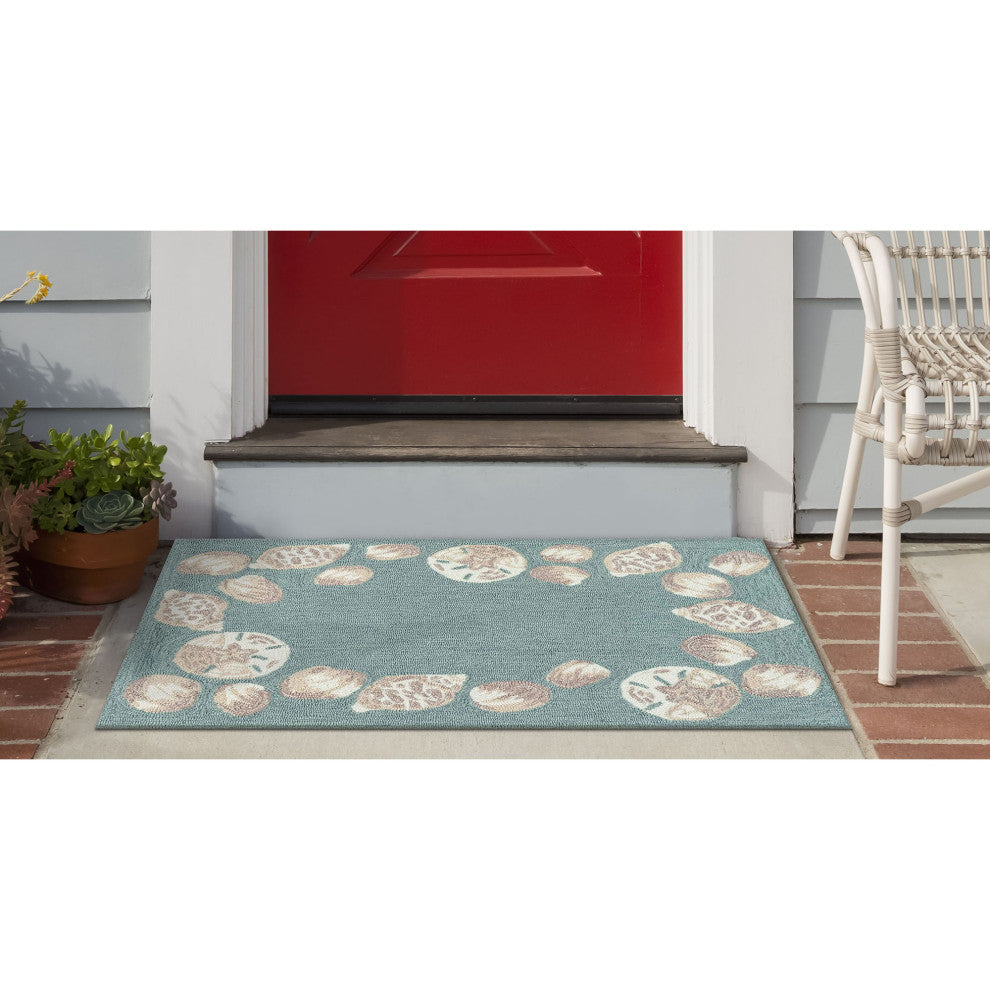 Capri Seashell Border Indoor/Outdoor Rug, Aqua, 2'x3'