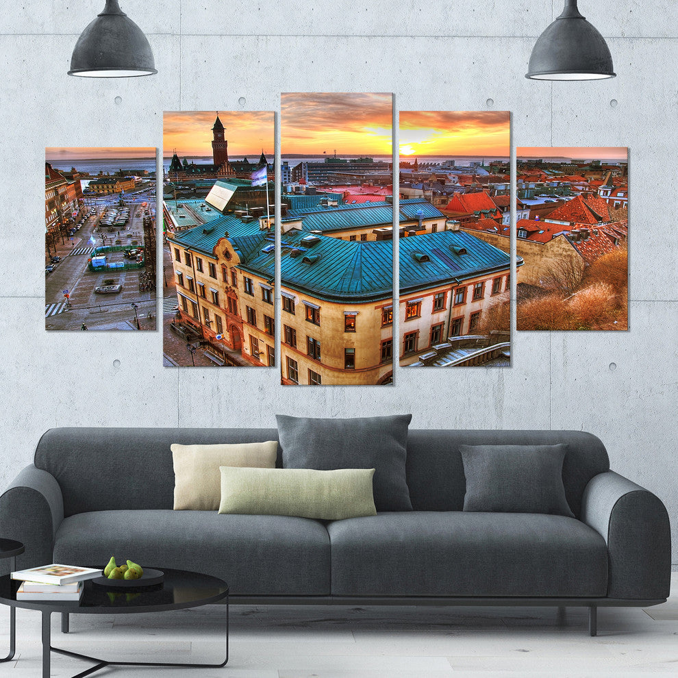 Colorful City Landscape, Large Cityscape Canvas Art Print, 60"x32", 5 Panels