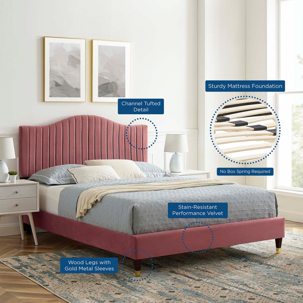 Tufted Platform Bed Frame, Full Size, Velvet, Pink, Modern Contemporary, Bedroom