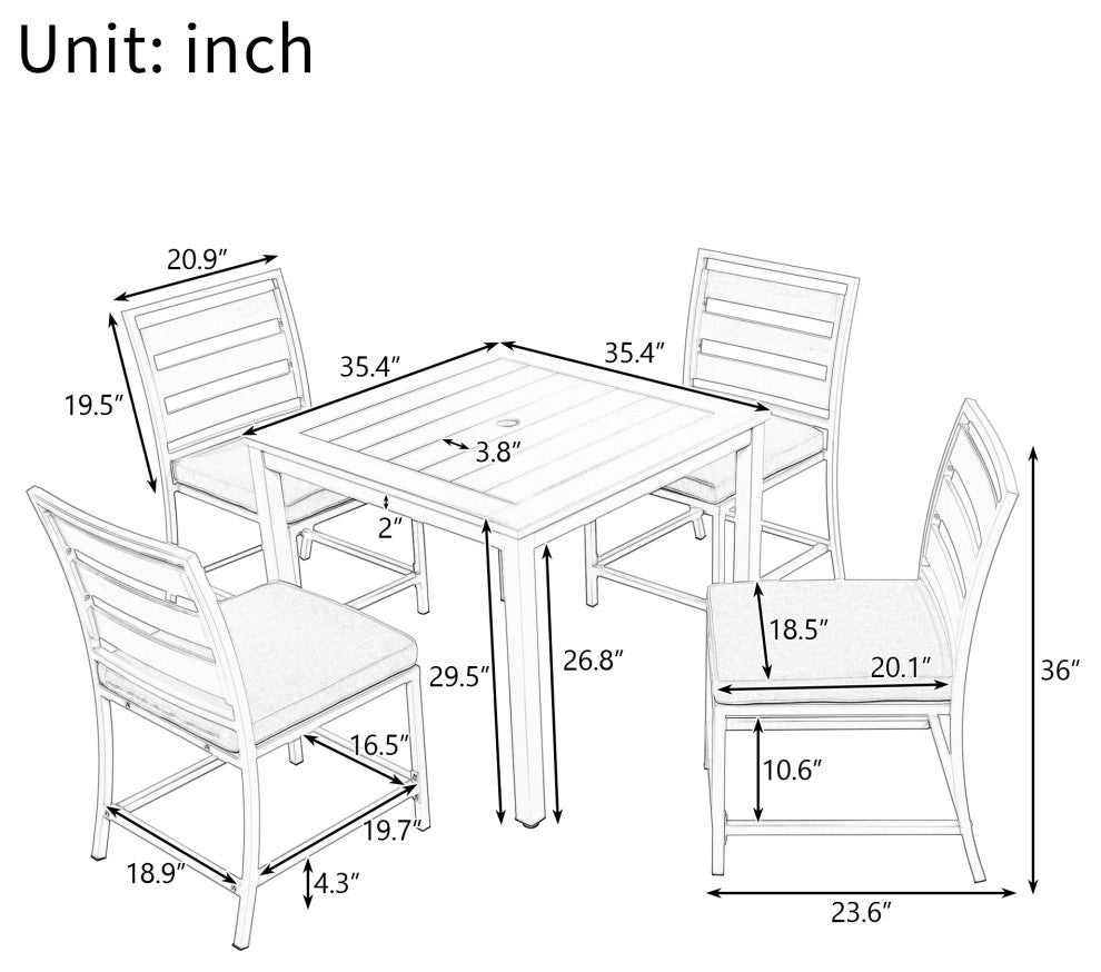 5-Piece Outdoor Steel Patio Dining Set with table and four chairs, White