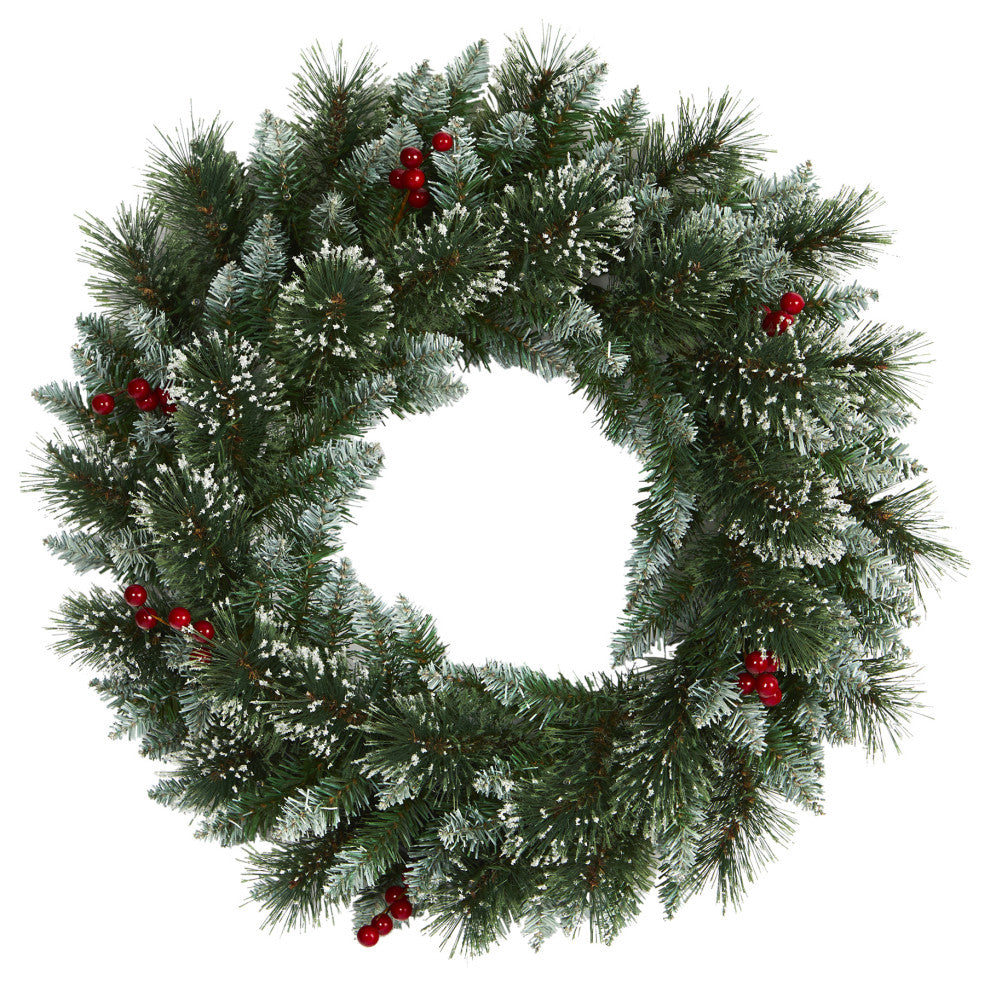 24" Frosted Swiss Pine Artificial Wreath With 35 Clear LED Lights and Berries