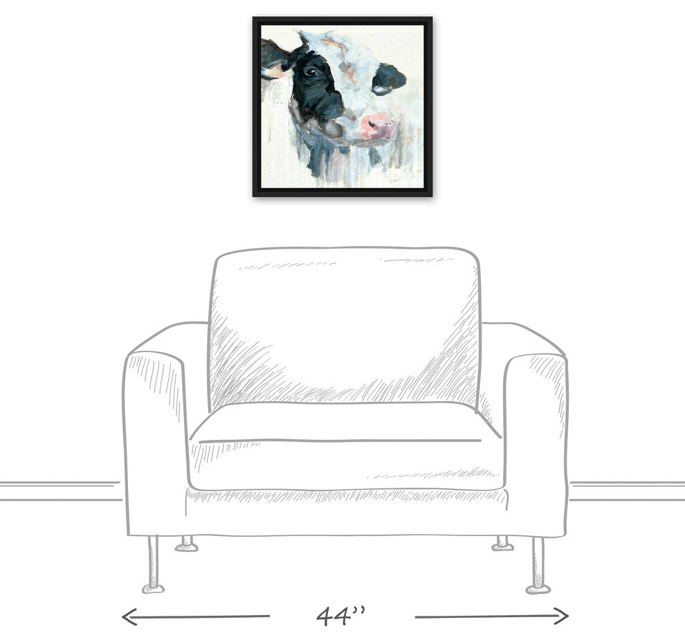 Curious Painted Dairy Cow 16x16 Black Floating Framed Canvas