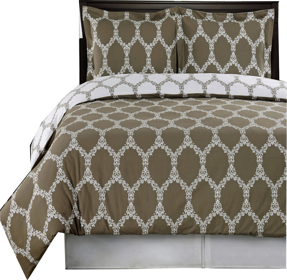 Brooksfield 100% Cotton 8-Piece Reversible Bedding Set, Taupe and White, Full