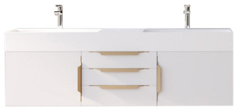 CastelloUSA Amazon 60" Wall Mounted Bathroom Vanity Set, White, White Top, Gold Handles