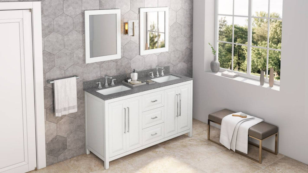 Cade Transitional 60" White Double Sink Vanity, Boulder Cultured Marble Vanity T