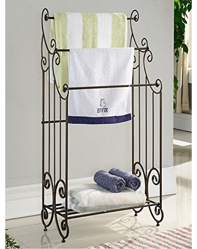 Benzara Free Standing Three Bar Towel Rack Stand With Shelf, Black