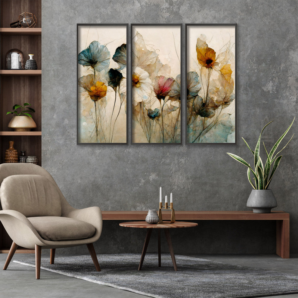 Dry Flower Bouquet Framed 3-Piece Wall Art Set by Treechild, 12"x24", Framed