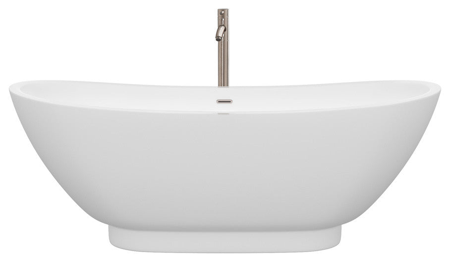 Clara 69" Freestanding White Bathtub, Brushed Nickel Tub Filler and Trim Kit