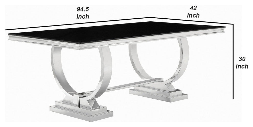 Benzara BM242094 Dining Table With Glass Top and Trestle Base, Black and Chrome