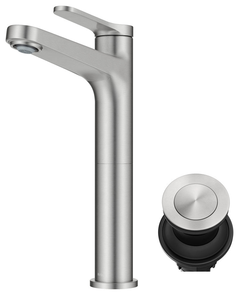 KRAUS Indy Single Handle Vessel Bathroom Faucet Spot Free BN, Pop Up Drain