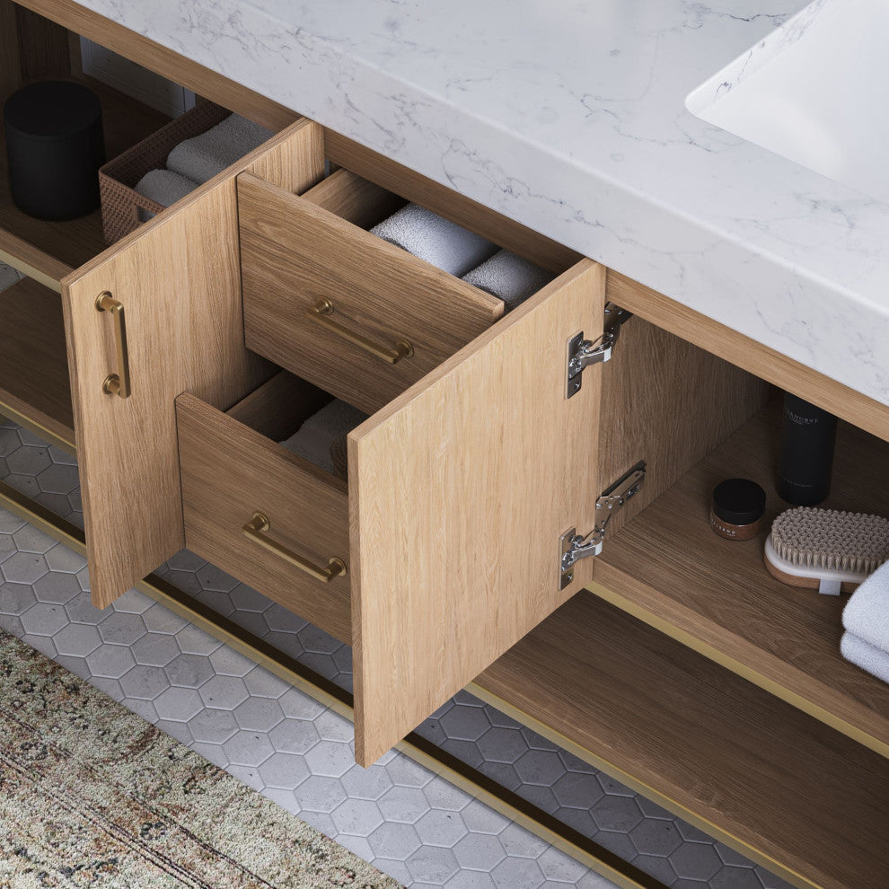 Bahia Bath Vanity, Oak, 60", Brushed Gold Hardware, Double, Freestanding