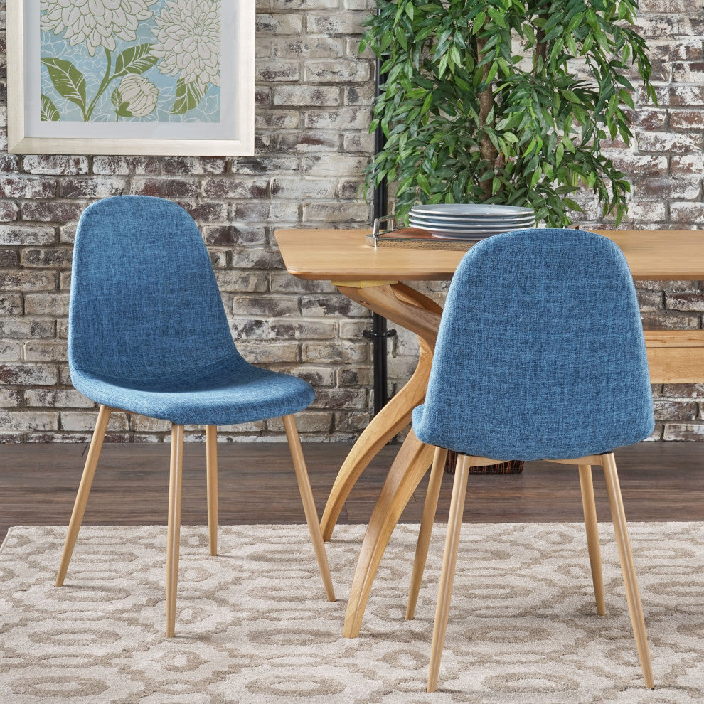 GDF Studio Resta Fabric Dining Chairs With Wood Finished Metal Legs, Set of 2, Muted Blue/Light Brown