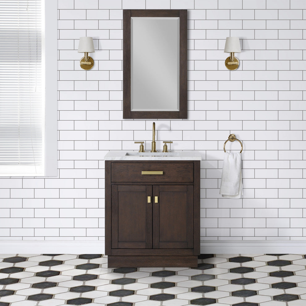 Chestnut 30" Bath Vanity, Brown Oak, Mirror, Satin Gold Hardware