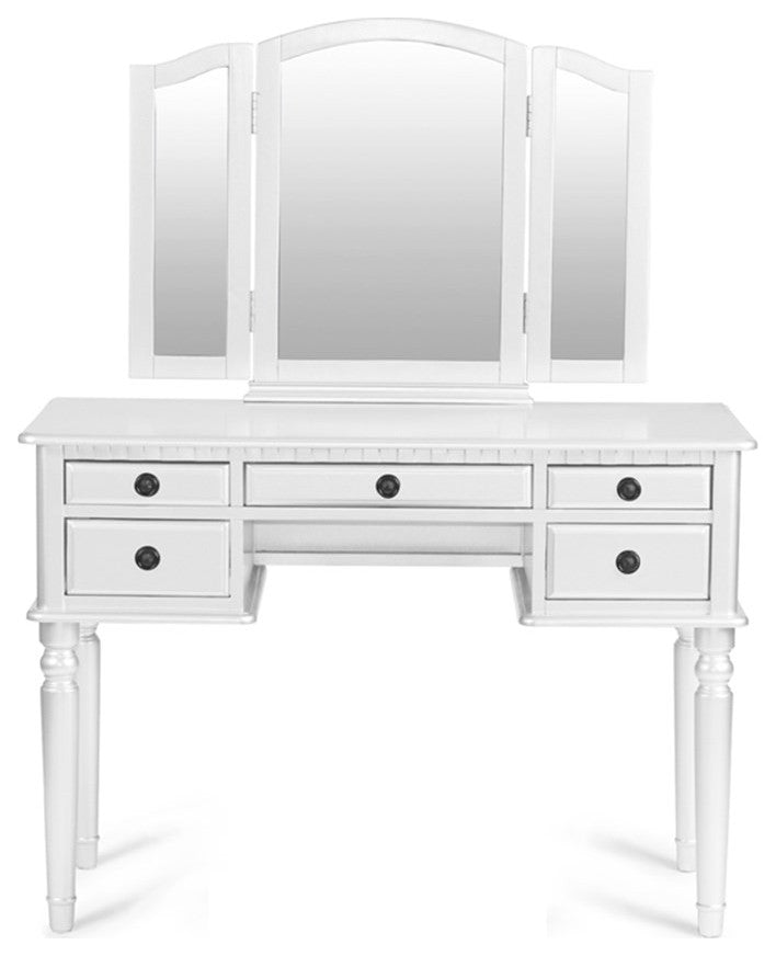 Poundex Furniture Wood Vanity Set with Mirror and Stool in White Color