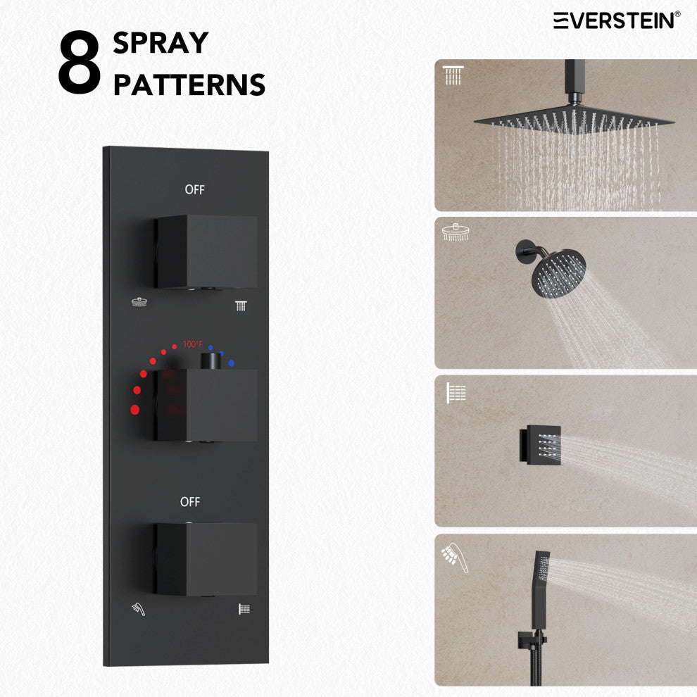 Thermostatic Dual Heads 12" Rainfall Shower System With 3 Body Jets, Matte Black