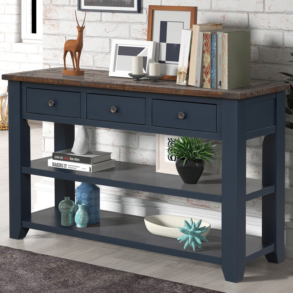 TATEUS 48" Solid Pine Wood Console Table with Storage Drawers, Blue