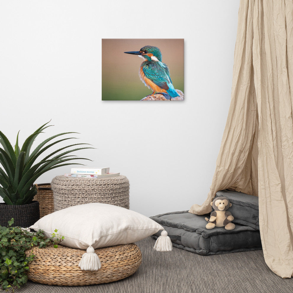 Common Kingfisher Bird on Perch Animal Wildlife Photograph Canvas Wall Art Print, 18" X 24"