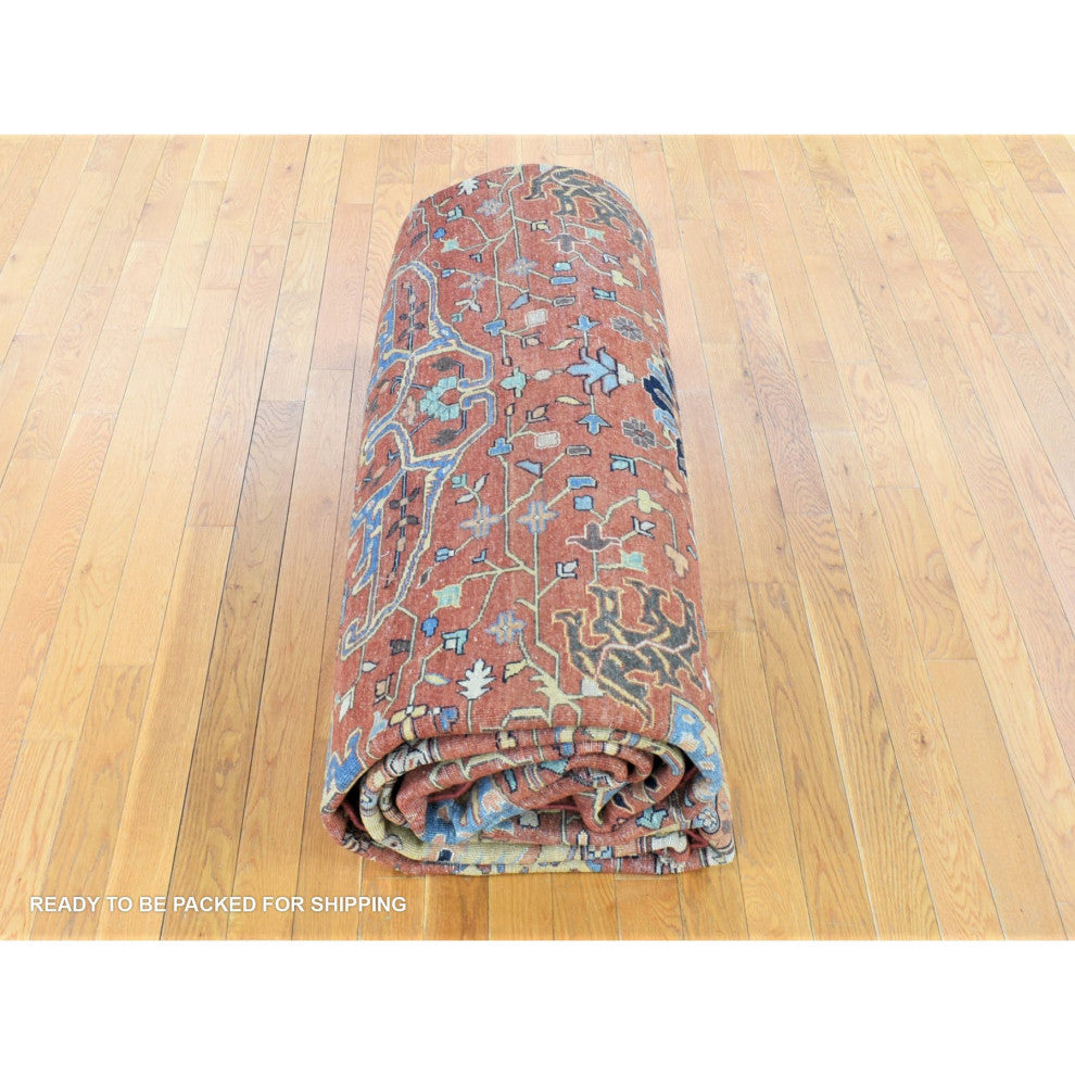 Red Antique Heriz Re-Creation Hand Knotted Pure Wool Oversized Rug, 2'0"x14'10"