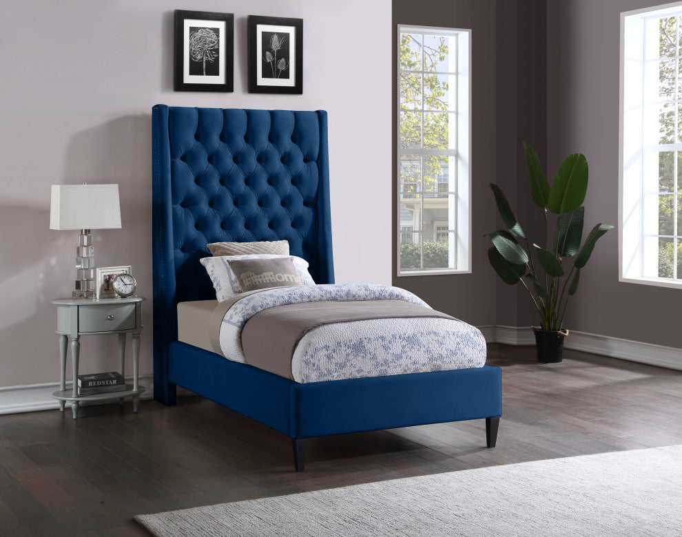 Fritz Velvet Upholstered Bed, Navy, Twin