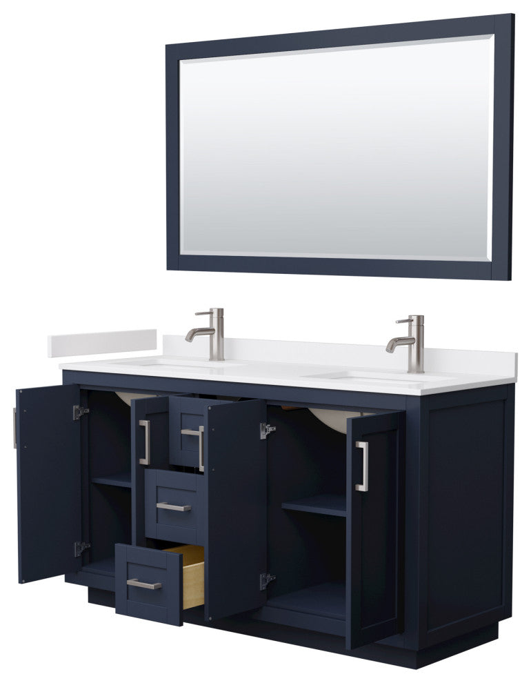 60"DBL Vanity Dark Blue, White Cult. Marble Top, Sinks, Nickel Trim, 58"Mirror