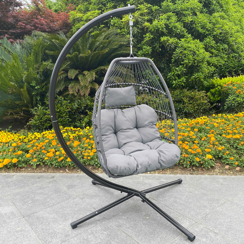 Outdoor Patio Wicker Folding Swing Chair Hanging With Bracket and Cushion Pillow