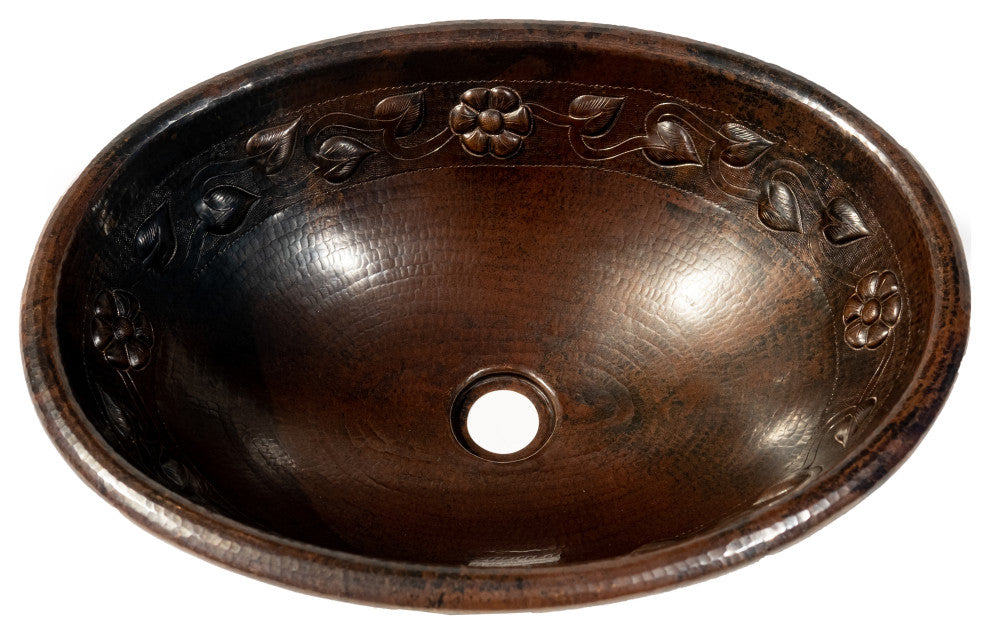 19" Oval Copper Sink with Flower Motif