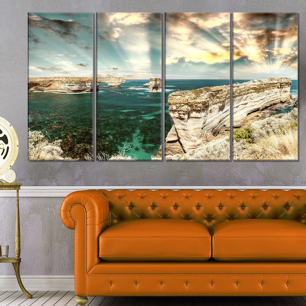 "Rocks At Great Ocean Road Victoria" Seascape Art Canvas, 4 Panels, 48"x28"