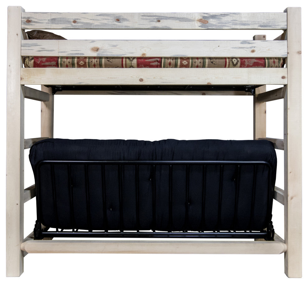 Twin Bunk Bed Over Full Futon Frame With Mattress, Ready To Finish, Ready to Fin