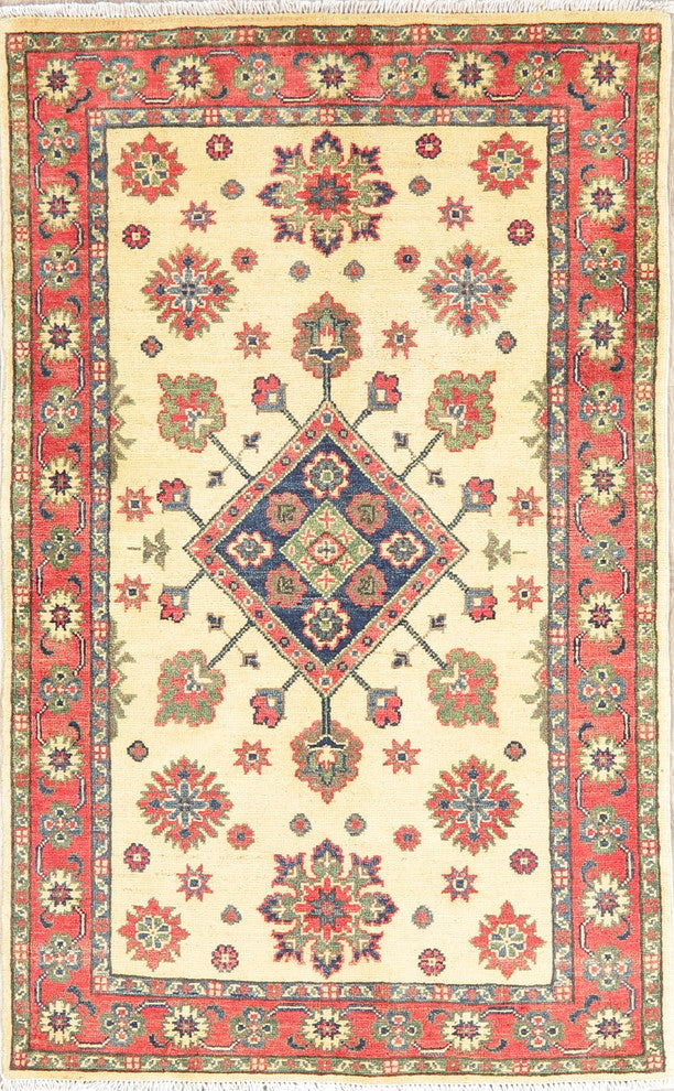 Hand-Knotted Oriental Kazak Traditional Pakistani Area Rug, Beige, 5'0"X3'0"