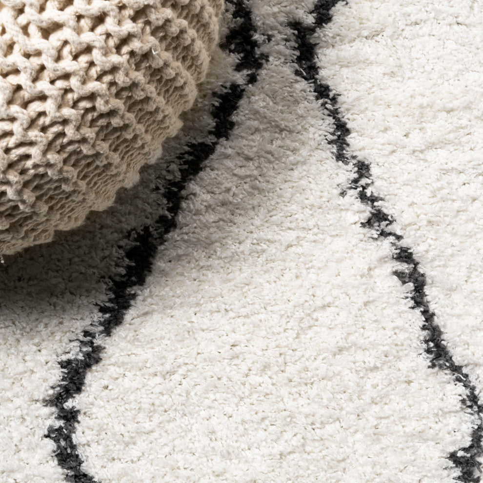 Catala Moroccan Diamond Shag Rug, White/Black, 2x8