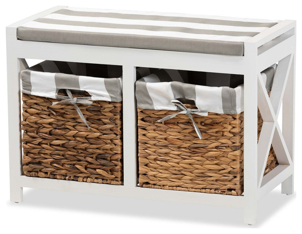 Abarne Grey and White Fabric and White Finished Wood Storage Bench with Baskets