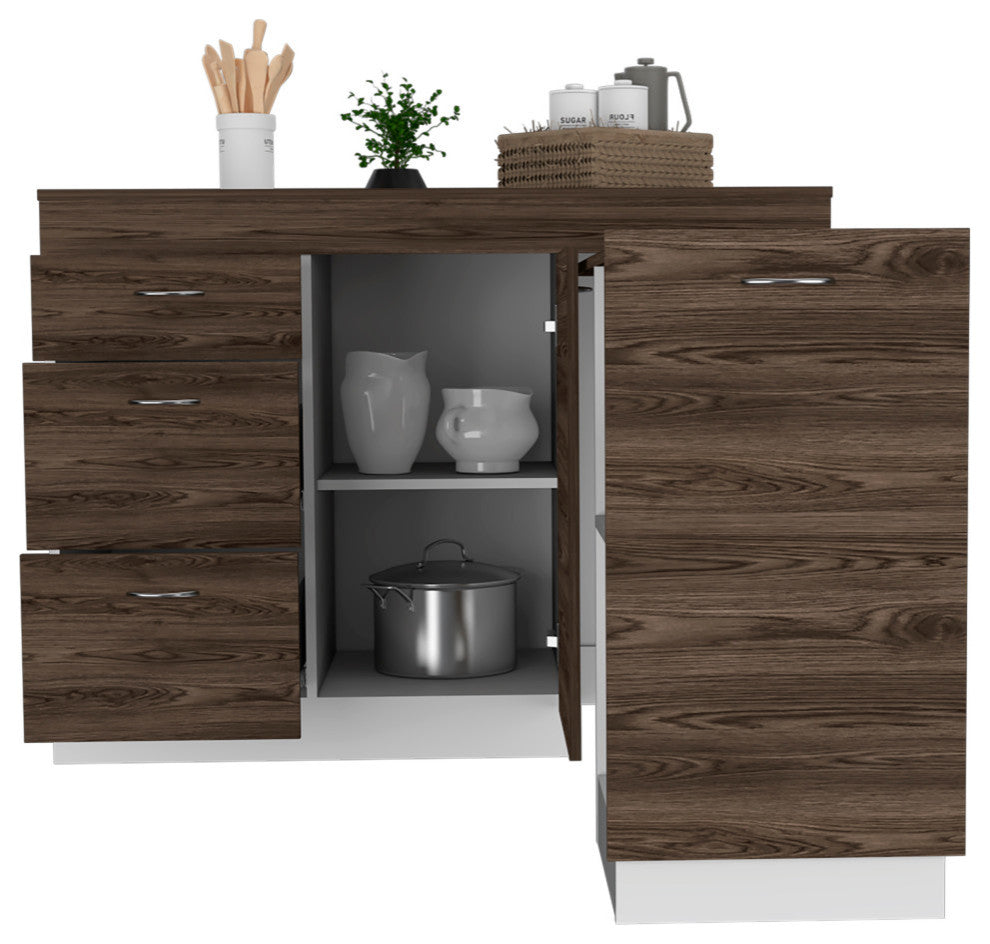 Joliet Base Cabinet with 3 Drawers and Flexible Cabinet, White/Dark Walnut