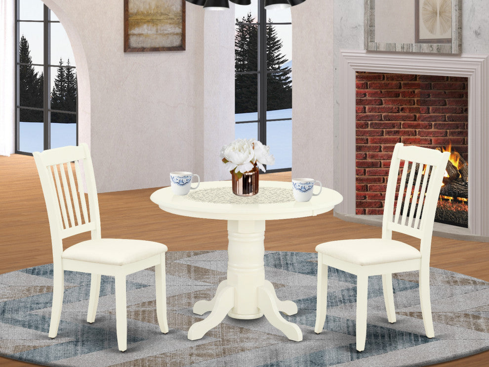 3Pc Dinette Set, Round Table, Two Vertical Slatted Linen Seat Chairs, White