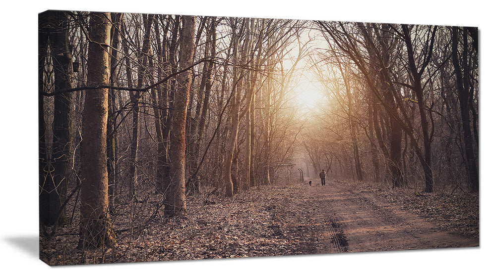 Forest Pathway View at Sunset, Modern Forest Canvas Art, 32"x16"