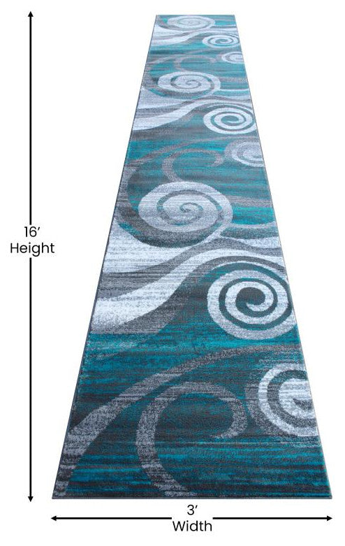 Cirrus Collection Swirl Patterned Olefin Area Rug with Jute Backing, Turquoise, 3'' X 16''