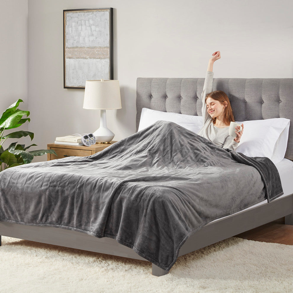 Serta Plush Heated Blanket, Dark Grey